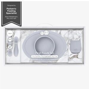 NEW Ez Pz First Foods Set Gray Pewter cup bowl silverware